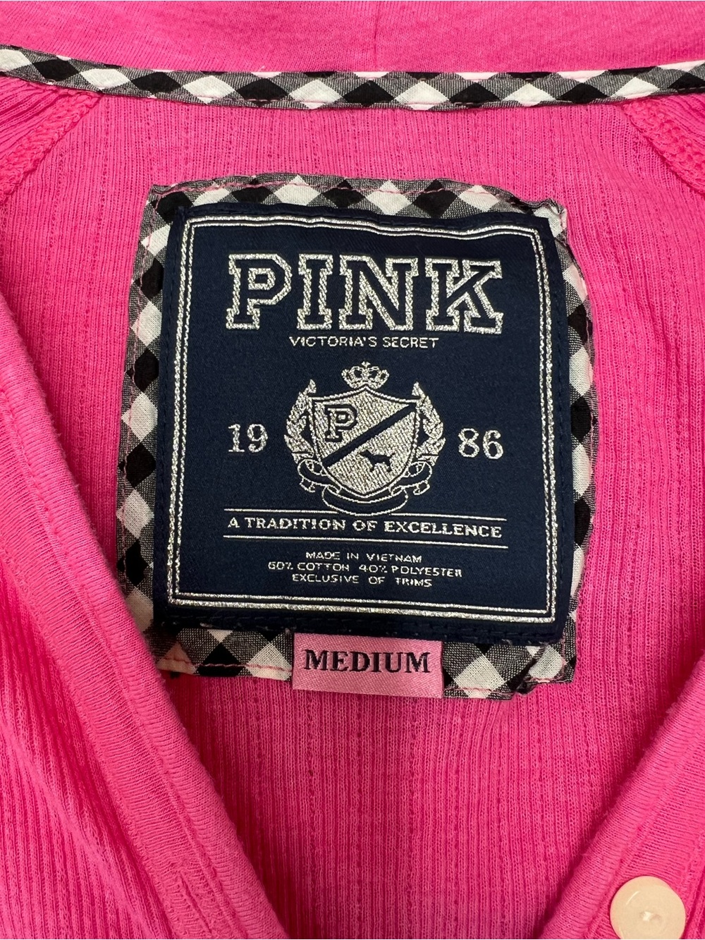 PINK Victoria's Secret Hot Pink Long-Sleeve Hooded Henley Sleepwear with Crest - Picture 2 of 6
